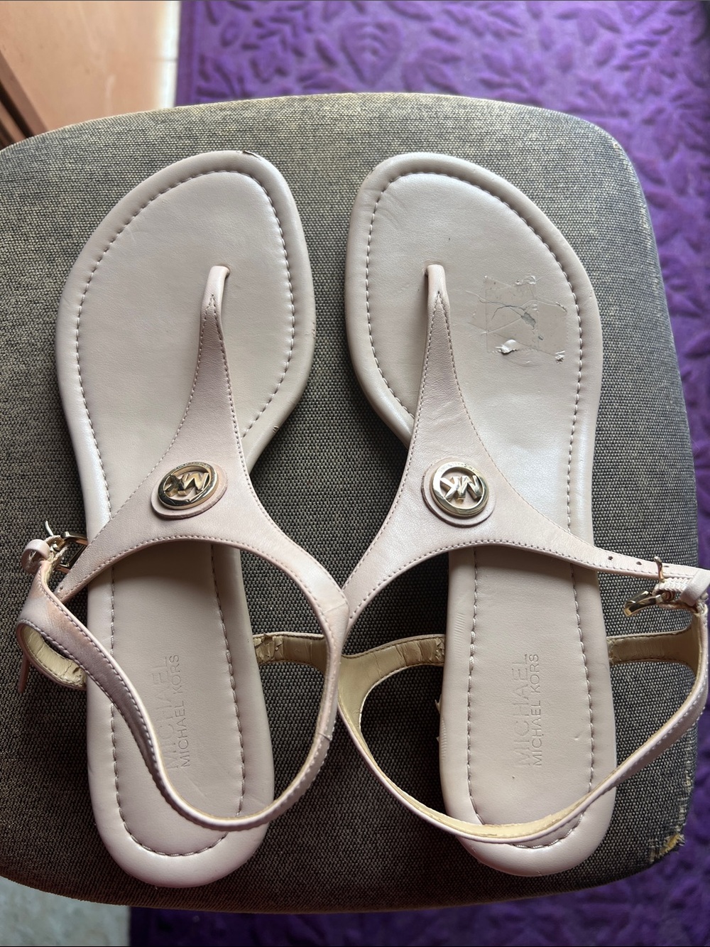 Michael Kors Pale Pink T-Strap Logo Thong Sandals